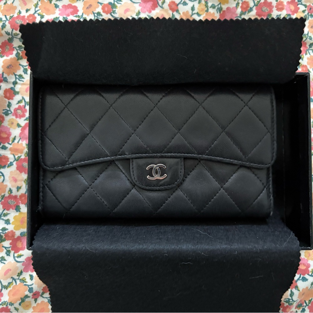 Chanel Lambskin Quilted L Flap trifold Wallet - black. Used but well cared for.